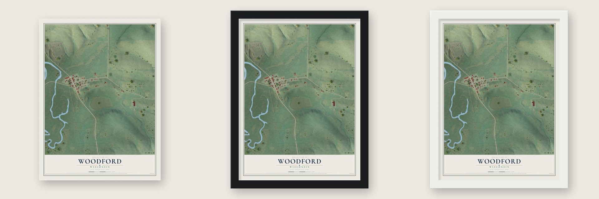 Woodford, Wisconsin map unframed, in a black wood frame and in a white wood frame