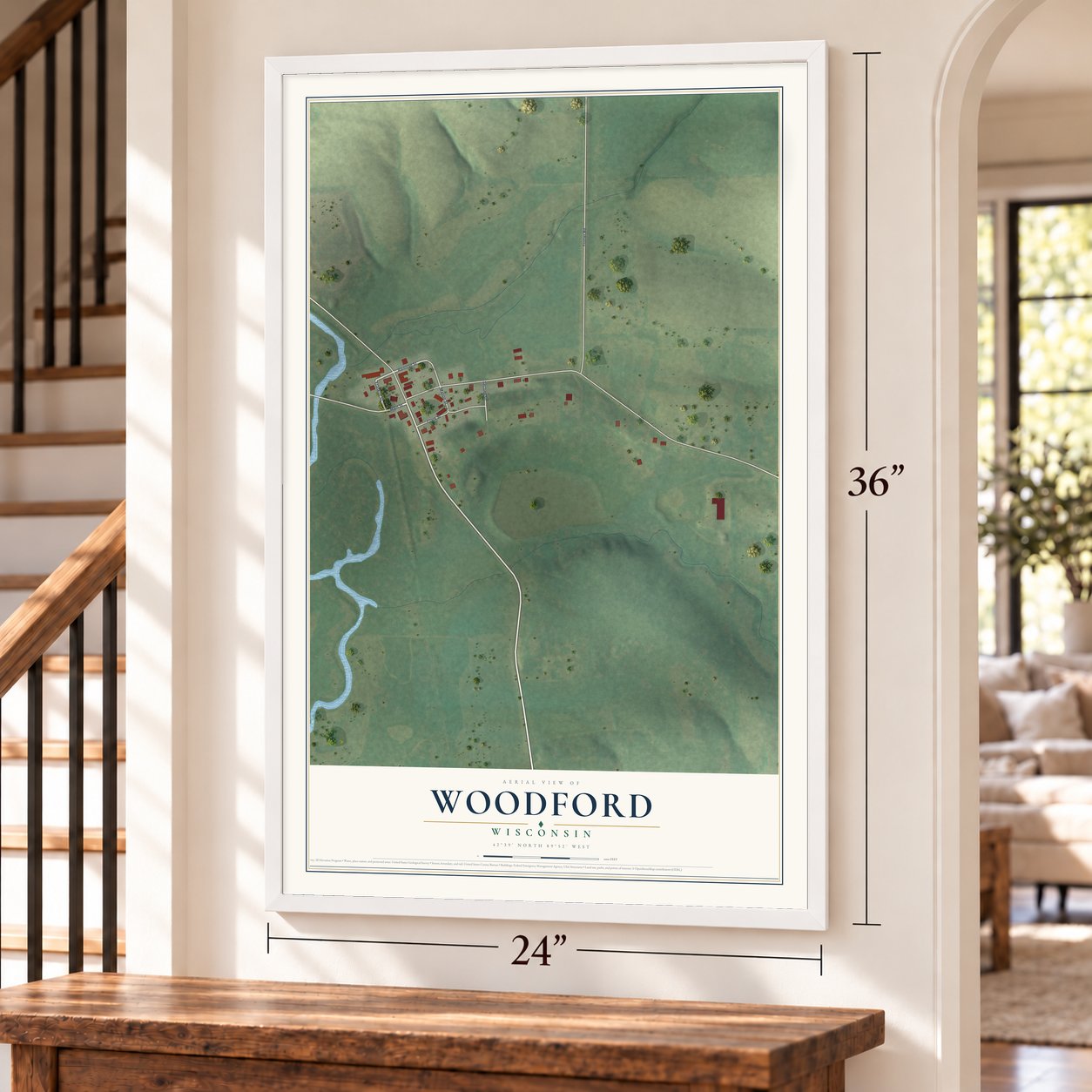 Woodford, Wisconsin map, 24 x 36 inch print in a white frame by a staircase