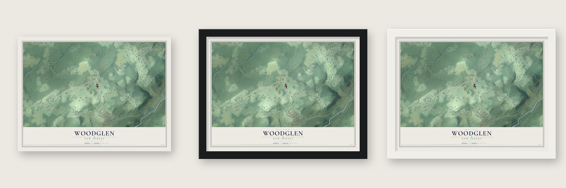 Woodglen, New Jersey map unframed, in a black wood frame and in a white wood frame