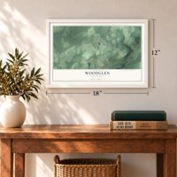 Woodglen, New Jersey map, 12 x 18 inch print in a white frame in an entryway