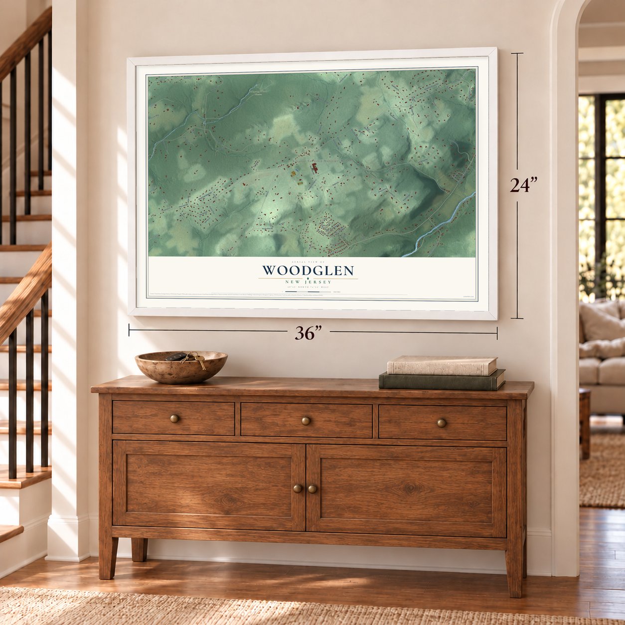 Woodglen, New Jersey map, 24 x 36 inch print in a white frame above a dresser by a staircase