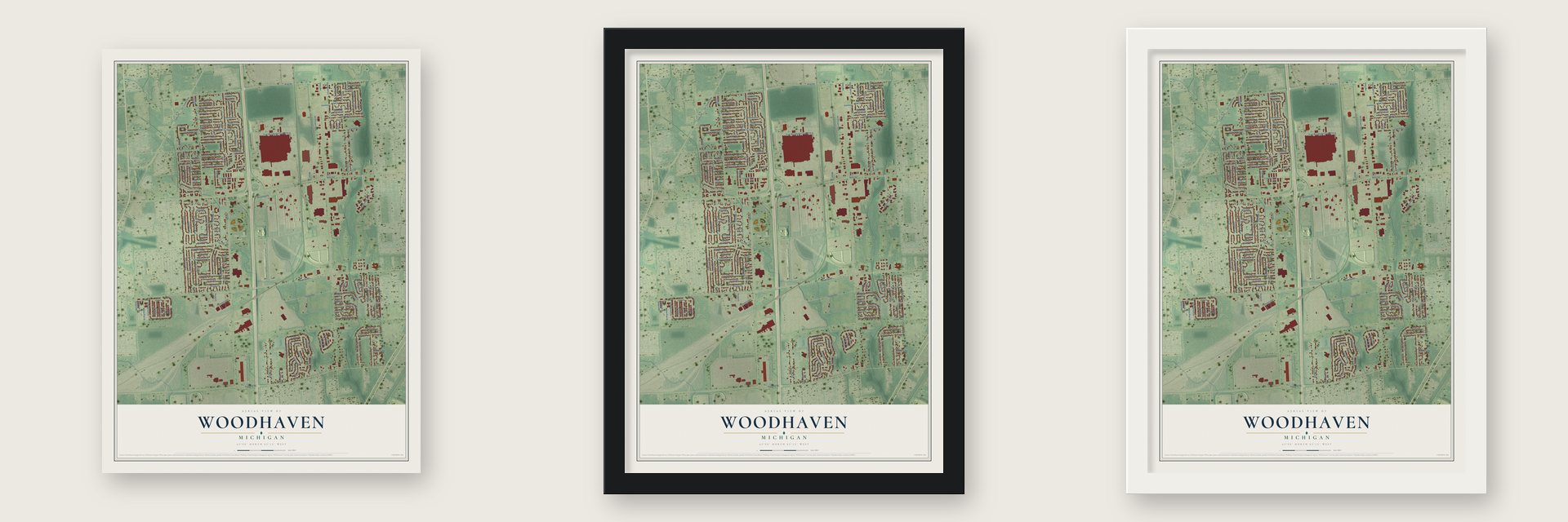 Woodhaven, Michigan map unframed, in a black wood frame and in a white wood frame