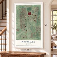 Woodhaven, Michigan map, 24 x 36 inch print in a white frame by a staircase