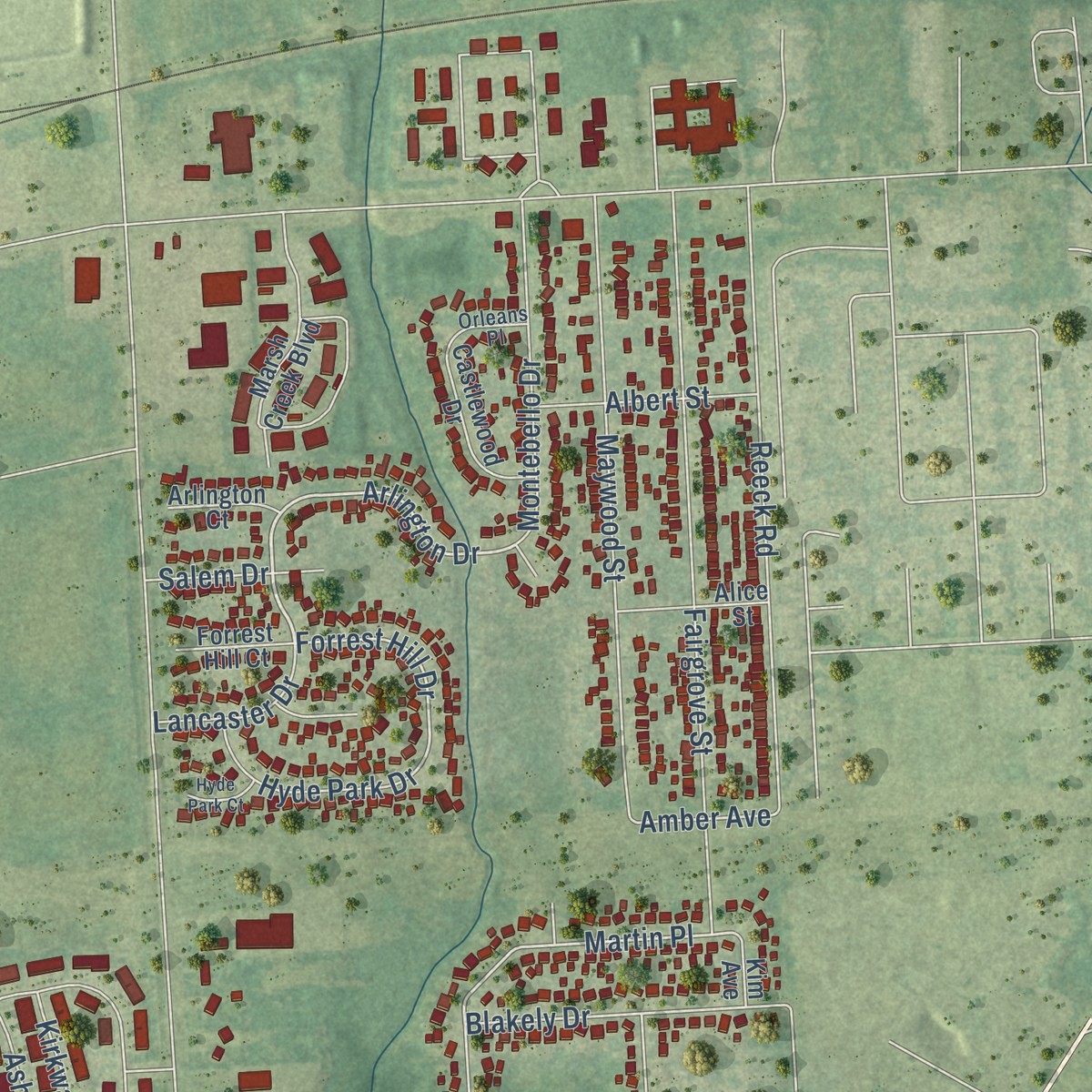 Second close-up of the map of Woodhaven, Michigan print showing more streets and buildings
