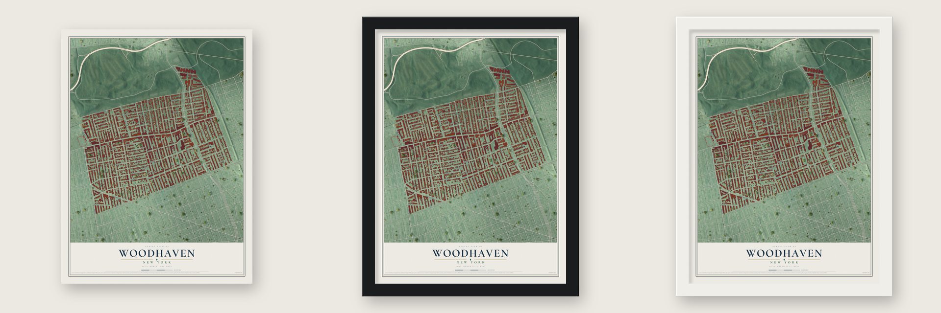 Woodhaven, New York map unframed, in a black wood frame and in a white wood frame