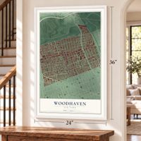 Woodhaven, New York map, 24 x 36 inch print in a white frame by a staircase