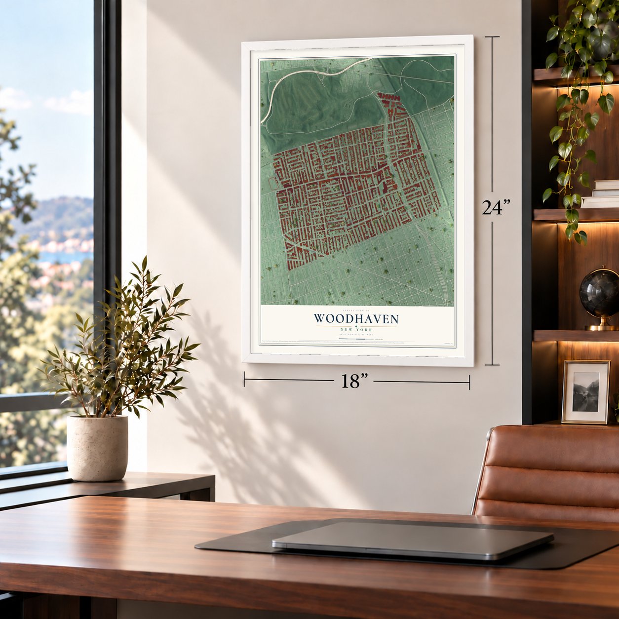 Woodhaven, New York map, 18 x 24 inch print in a white frame in a home office