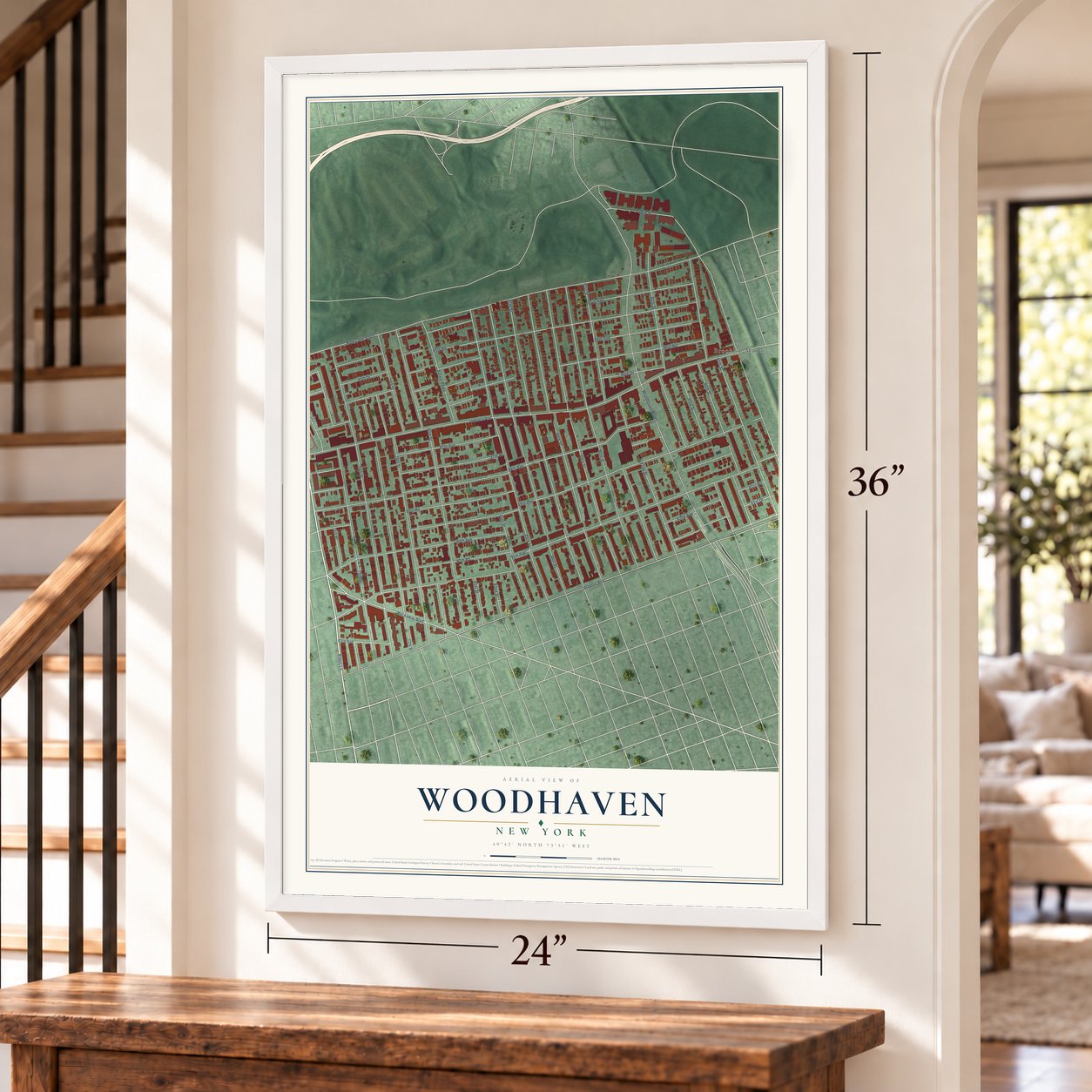 Woodhaven, New York map, 24 x 36 inch print in a white frame by a staircase