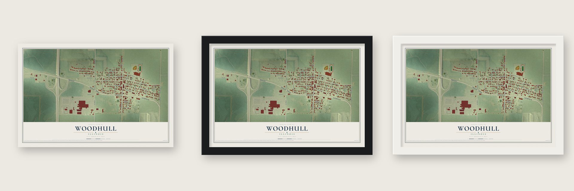 Woodhull, Illinois map unframed, in a black wood frame and in a white wood frame