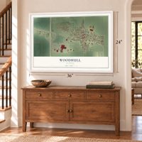 Woodhull, Illinois map, 24 x 36 inch print in a white frame above a dresser by a staircase