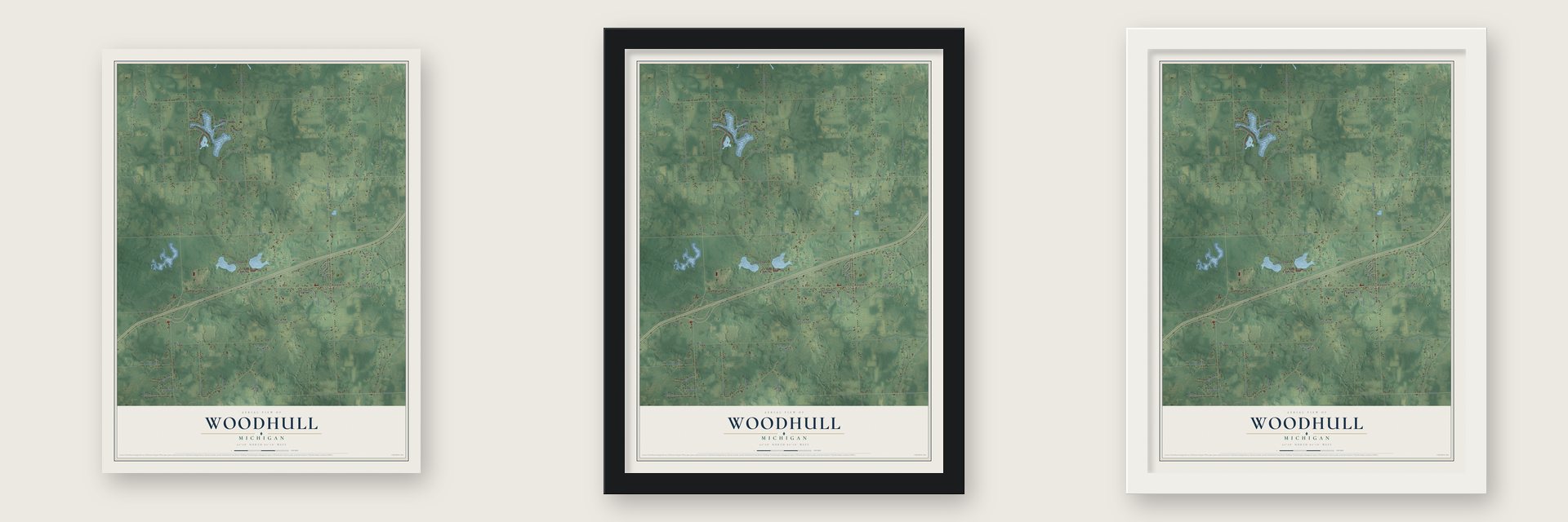 Woodhull, Michigan map unframed, in a black wood frame and in a white wood frame