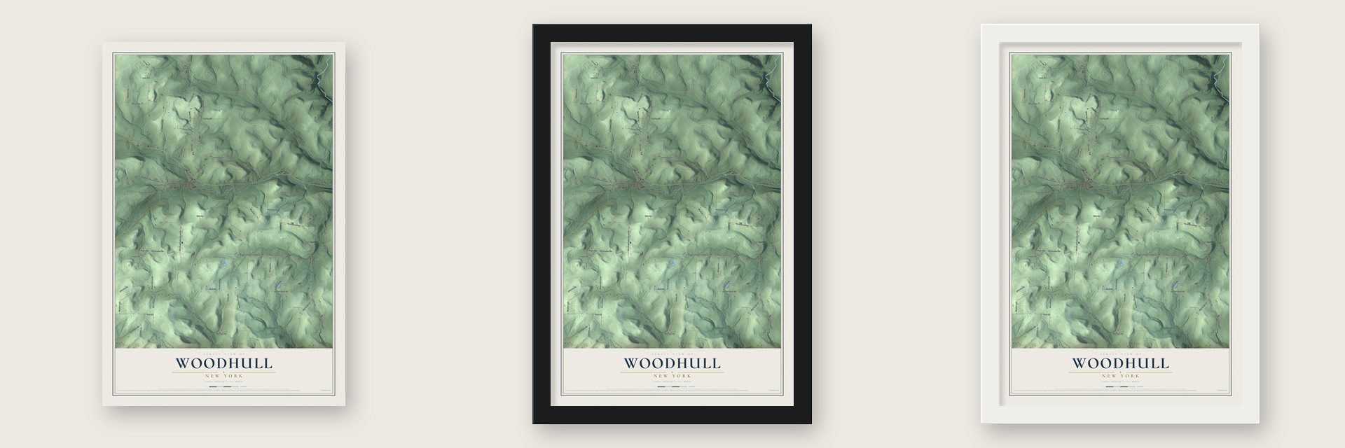 Woodhull, New York map unframed, in a black wood frame and in a white wood frame
