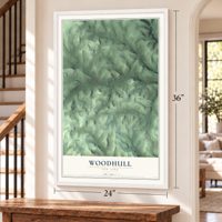 Woodhull, New York map, 24 x 36 inch print in a white frame by a staircase