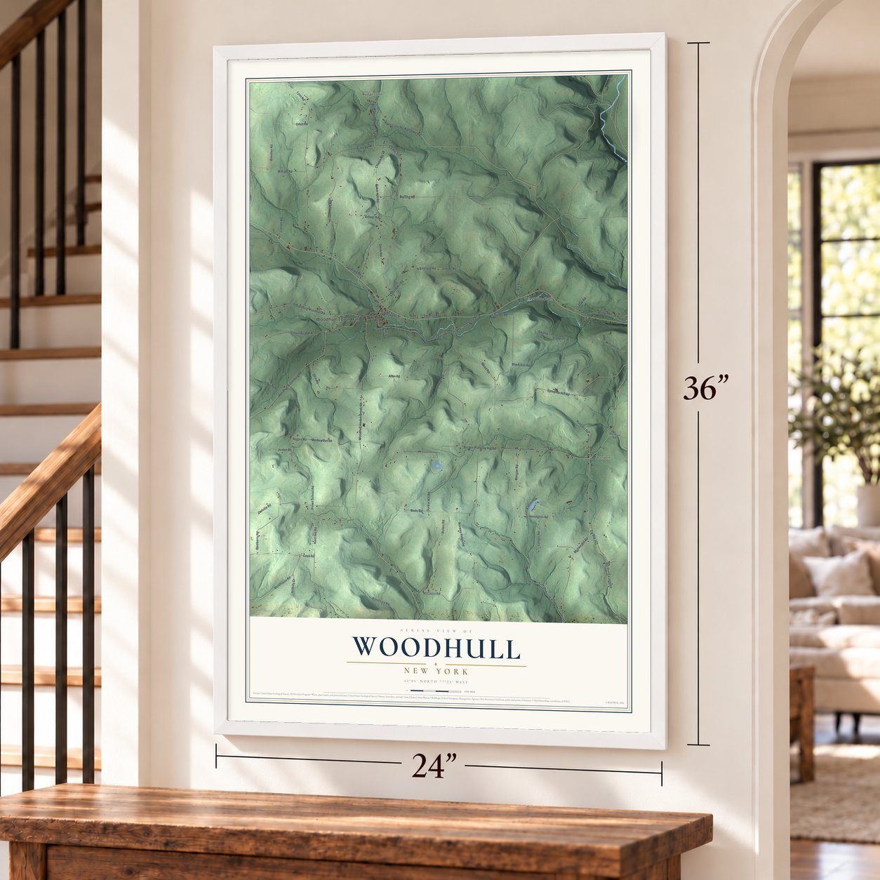 Woodhull, New York map, 24 x 36 inch print in a white frame by a staircase