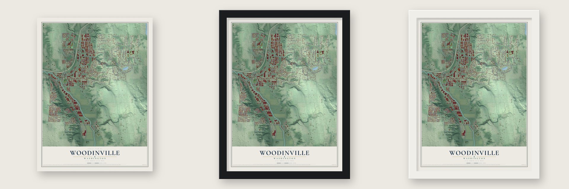 Woodinville, Washington map unframed, in a black wood frame and in a white wood frame