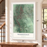 Woodinville, Washington map, 24 x 36 inch print in a white frame by a staircase