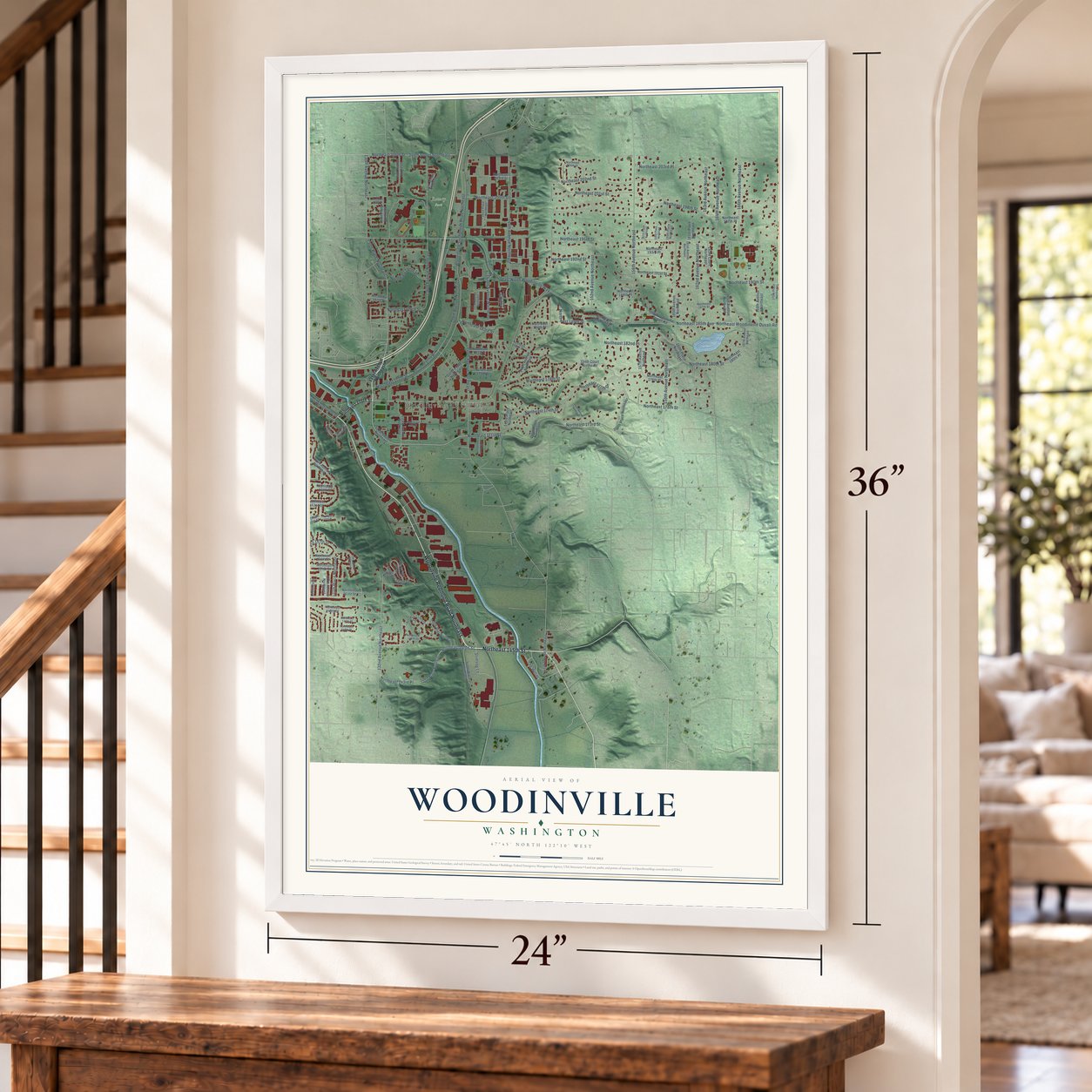 Woodinville, Washington map, 24 x 36 inch print in a white frame by a staircase