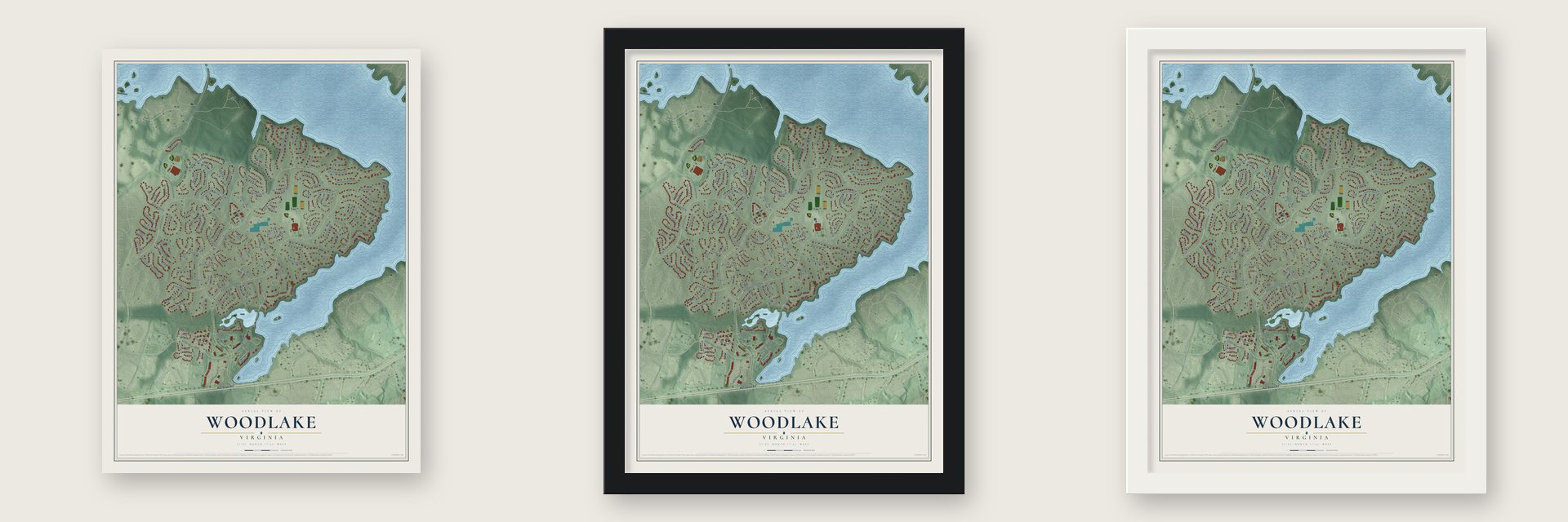 Woodlake, Virginia map unframed, in a black wood frame and in a white wood frame