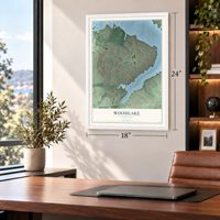 Woodlake, Virginia map, 18 x 24 inch print in a white frame in a home office