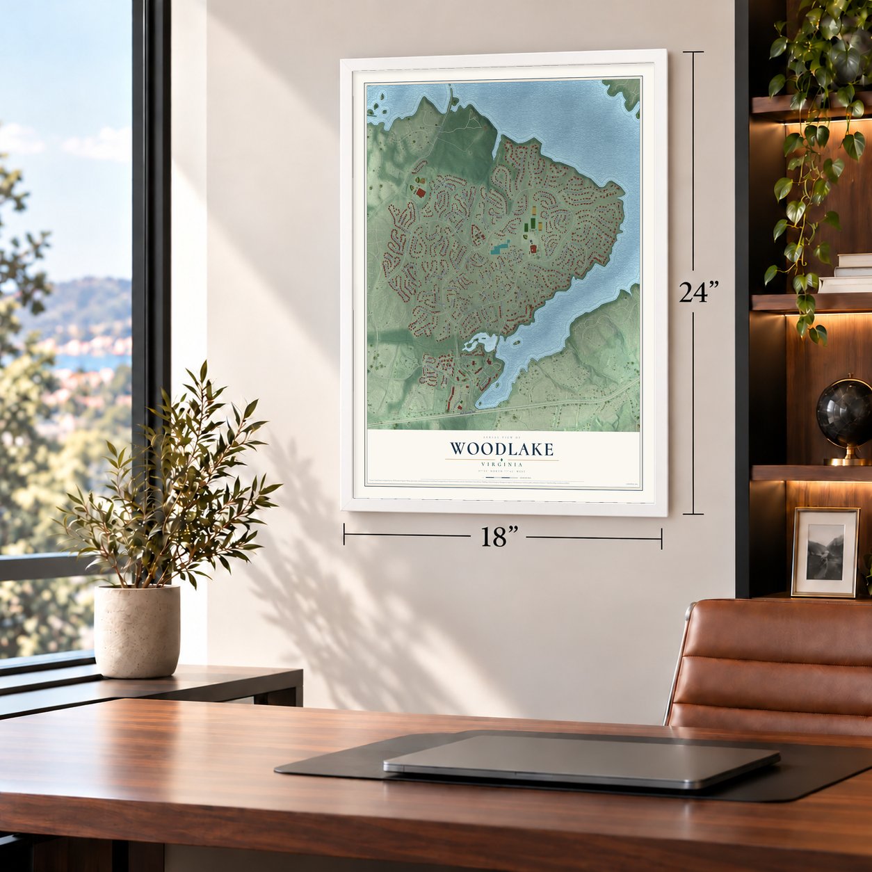 Woodlake, Virginia map, 18 x 24 inch print in a white frame in a home office