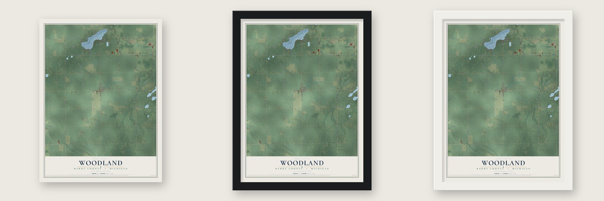 Woodland, Barry County, Michigan map unframed, in a black wood frame and in a white wood frame