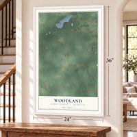 Woodland, Barry County, Michigan map, 24 x 36 inch print in a white frame by a staircase