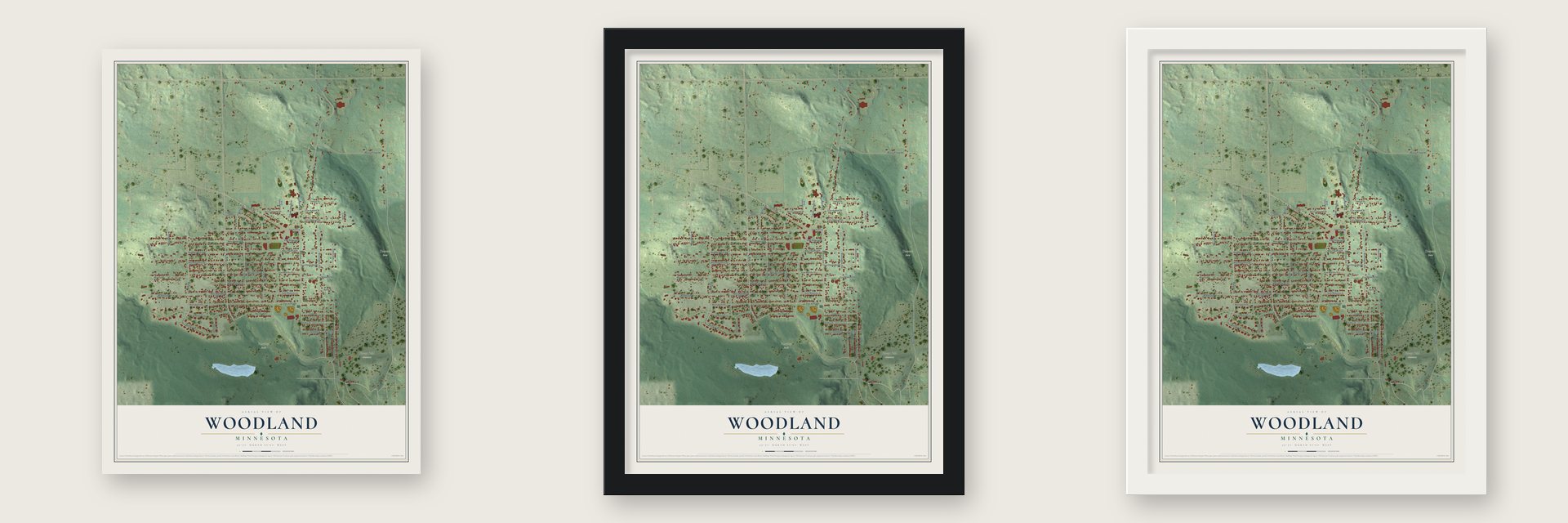 Woodland, Duluth, Minnesota map unframed, in a black wood frame and in a white wood frame