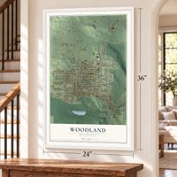 Woodland, Duluth, Minnesota map, 24 x 36 inch print in a white frame by a staircase