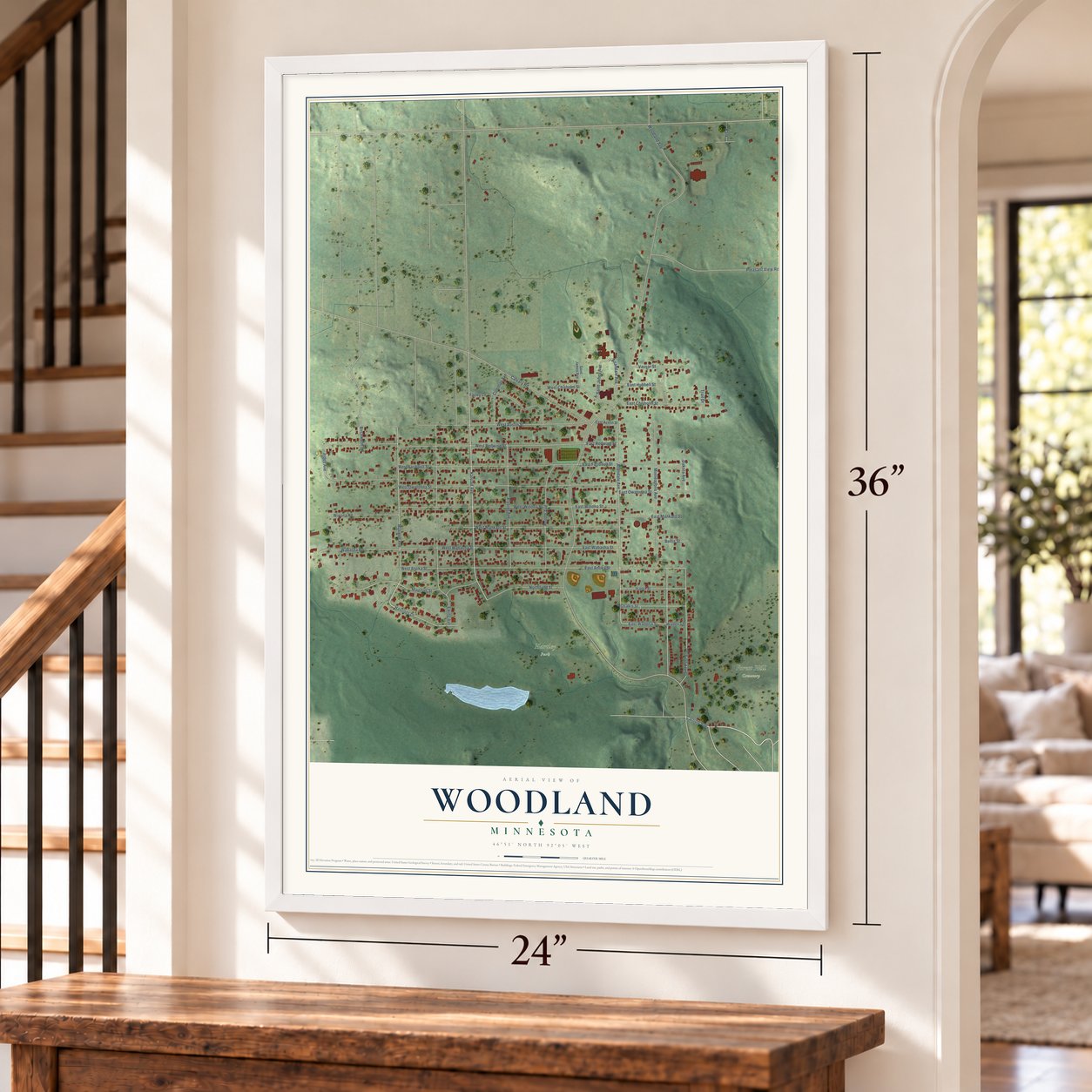 Woodland, Duluth, Minnesota map, 24 x 36 inch print in a white frame by a staircase