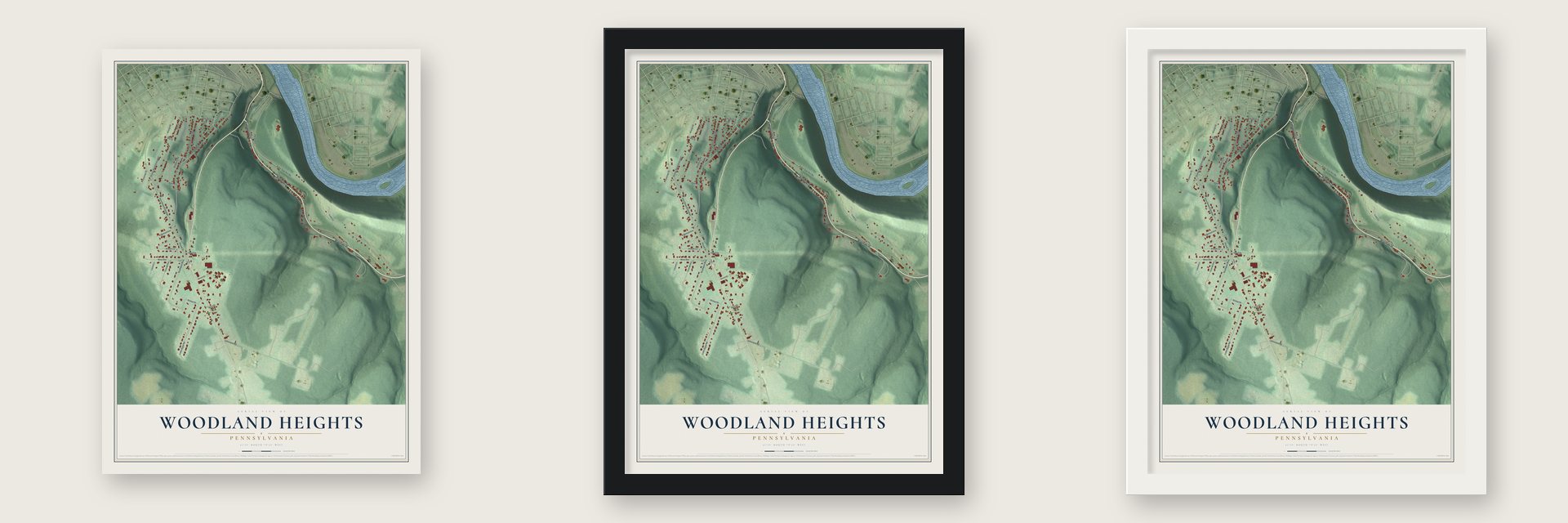Woodland Heights, Pennsylvania map unframed, in a black wood frame and in a white wood frame