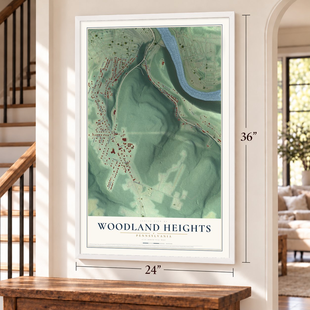 Woodland Heights, Pennsylvania map, 24 x 36 inch print in a white frame by a staircase