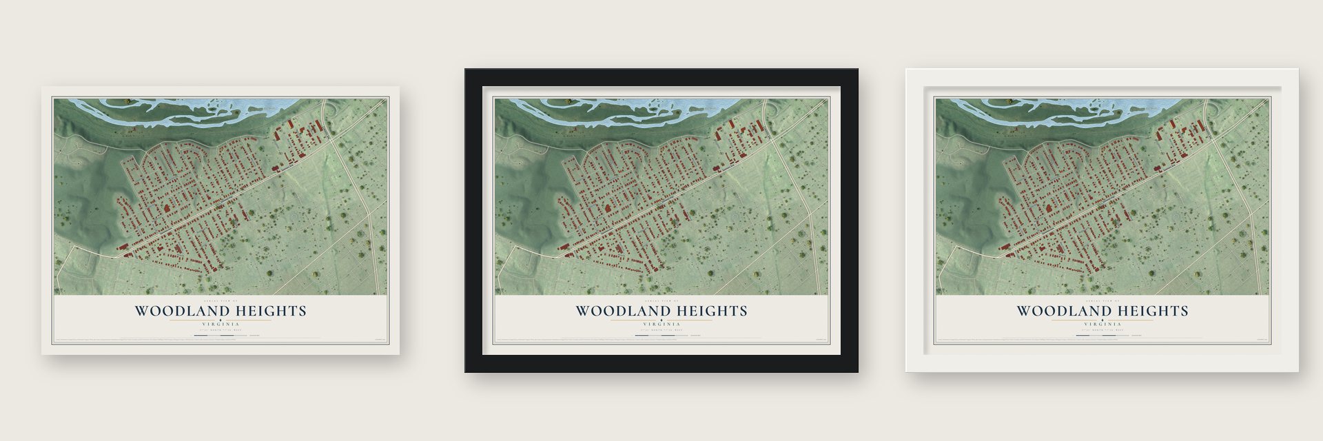Woodland Heights, Virginia map unframed, in a black wood frame and in a white wood frame