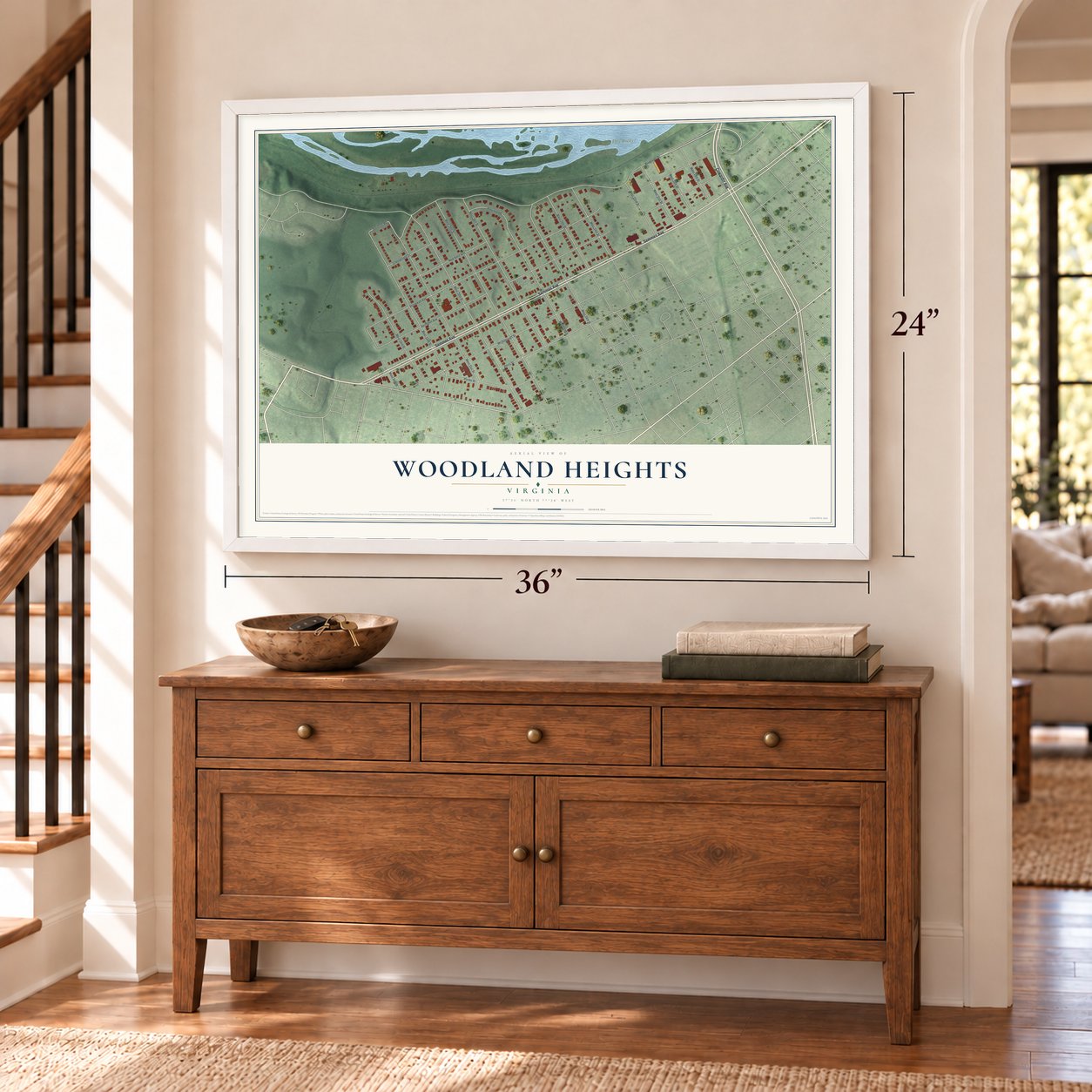 Woodland Heights, Virginia map, 24 x 36 inch print in a white frame above a dresser by a staircase