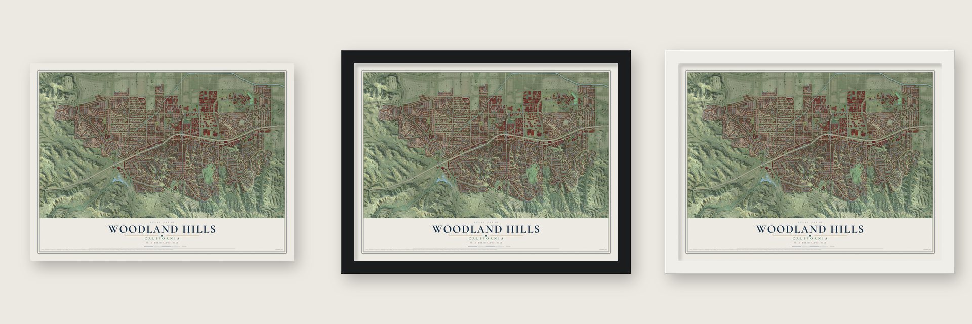 Woodland Hills, California map unframed, in a black wood frame and in a white wood frame