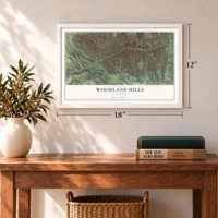 Woodland Hills, California map, 12 x 18 inch print in a white frame in an entryway