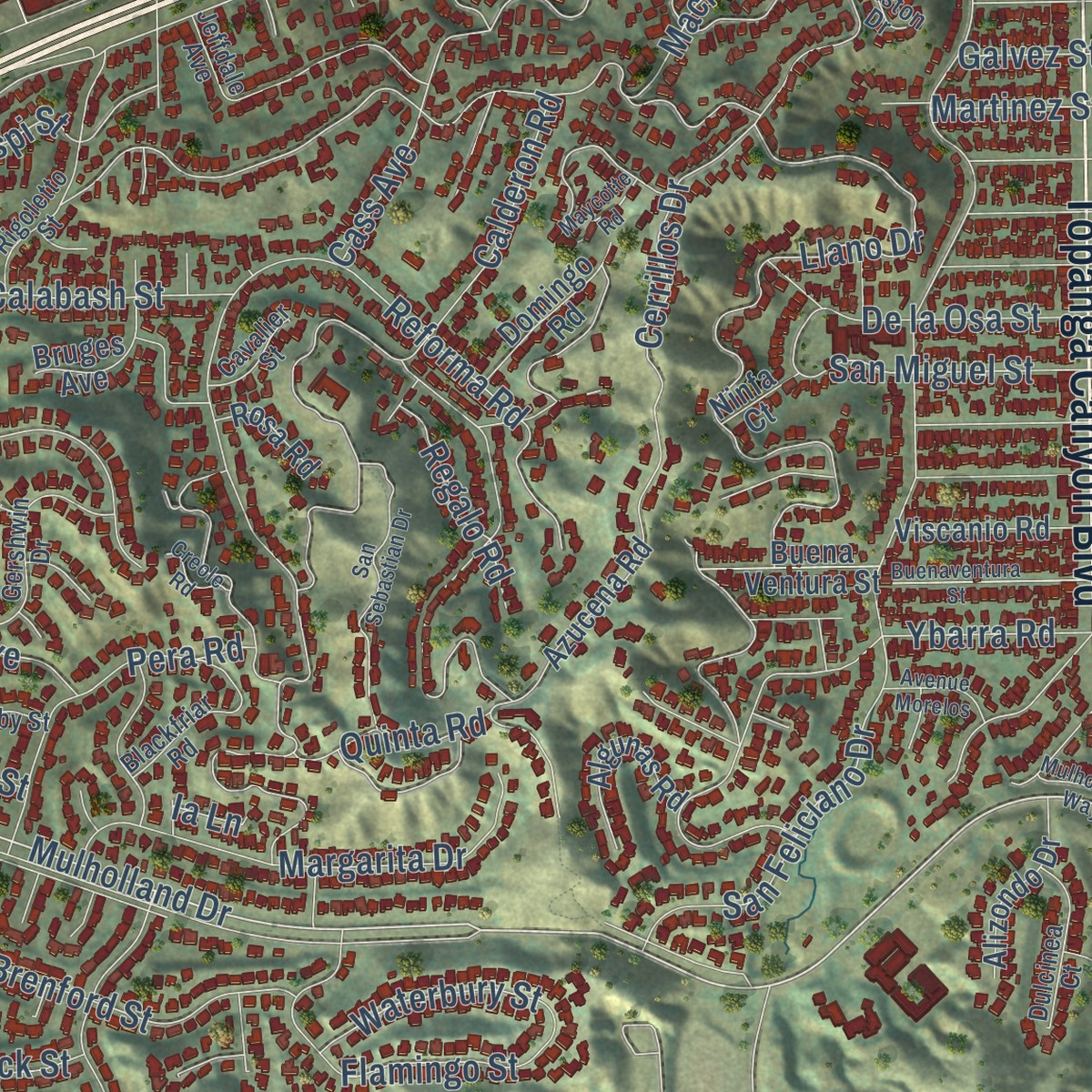Second close-up of the map of Woodland Hills, California print showing more streets and buildings