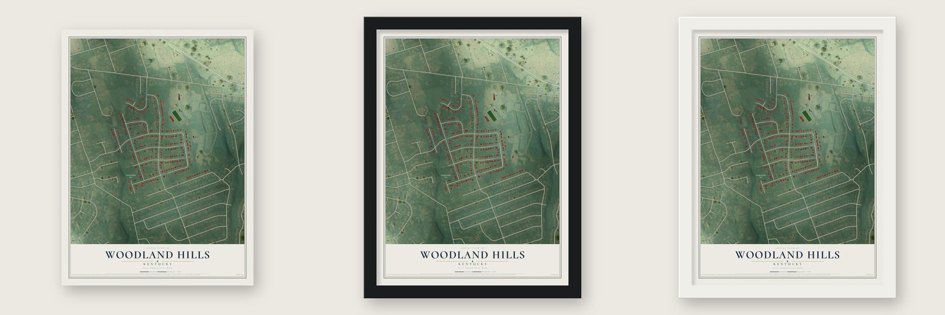 Woodland Hills, Kentucky map unframed, in a black wood frame and in a white wood frame