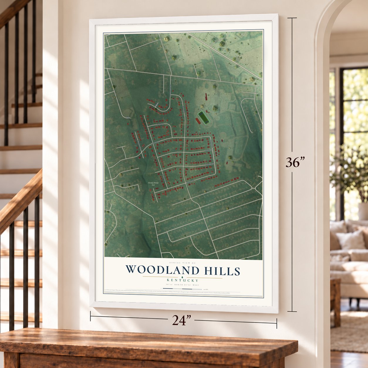 Woodland Hills, Kentucky map, 24 x 36 inch print in a white frame by a staircase