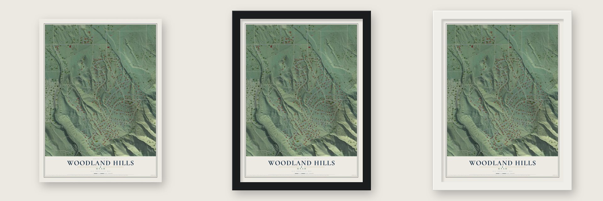 Woodland Hills, Utah map unframed, in a black wood frame and in a white wood frame