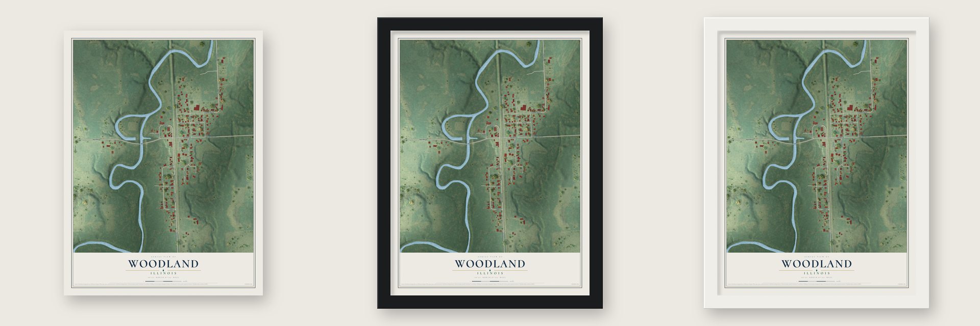 Woodland, Illinois map unframed, in a black wood frame and in a white wood frame