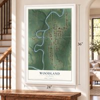 Woodland, Illinois map, 24 x 36 inch print in a white frame by a staircase