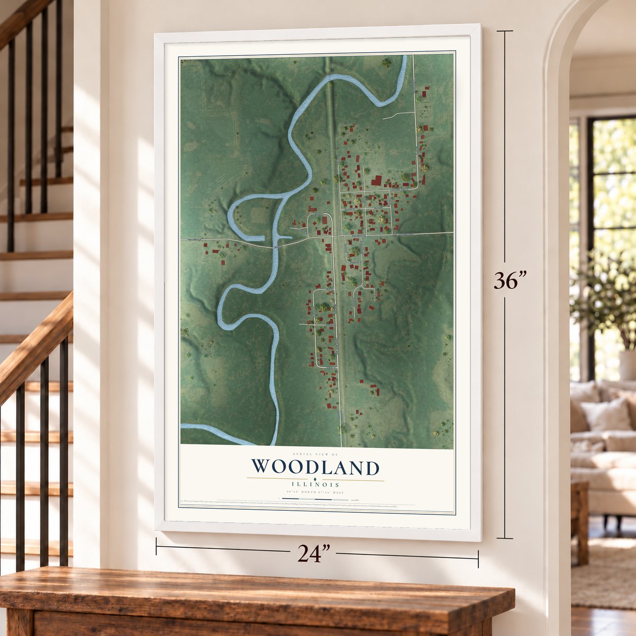 Woodland, Illinois map, 24 x 36 inch print in a white frame by a staircase