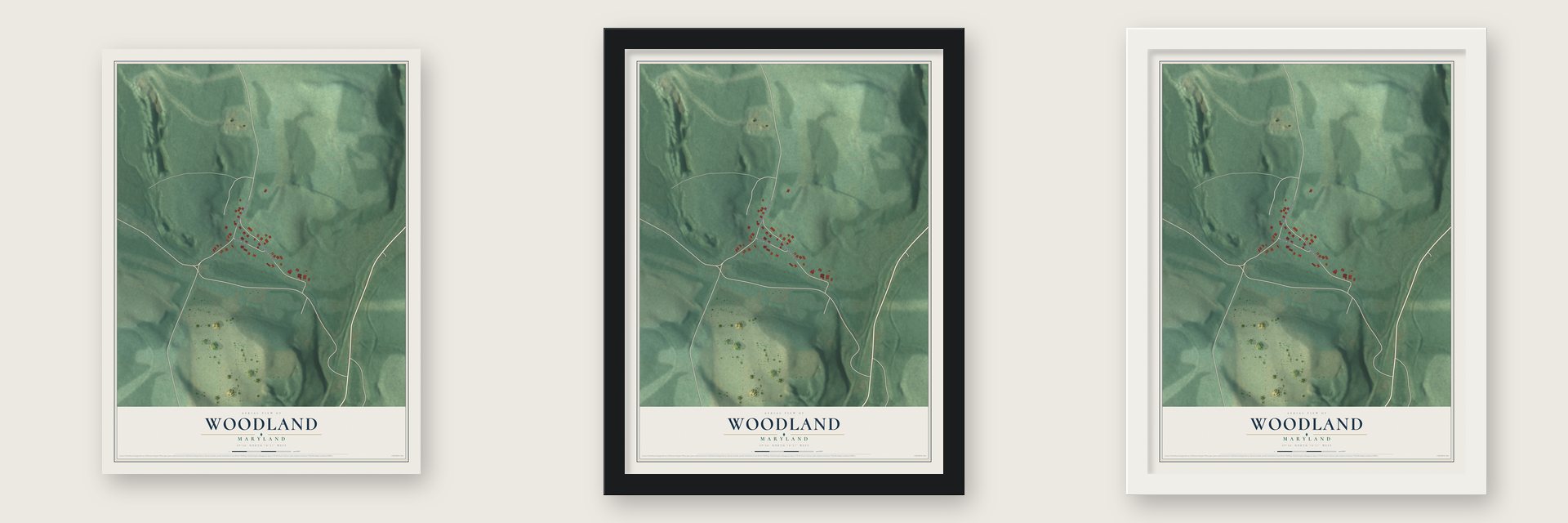 Woodland, Maryland map unframed, in a black wood frame and in a white wood frame