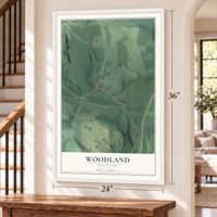 Woodland, Maryland map, 24 x 36 inch print in a white frame by a staircase
