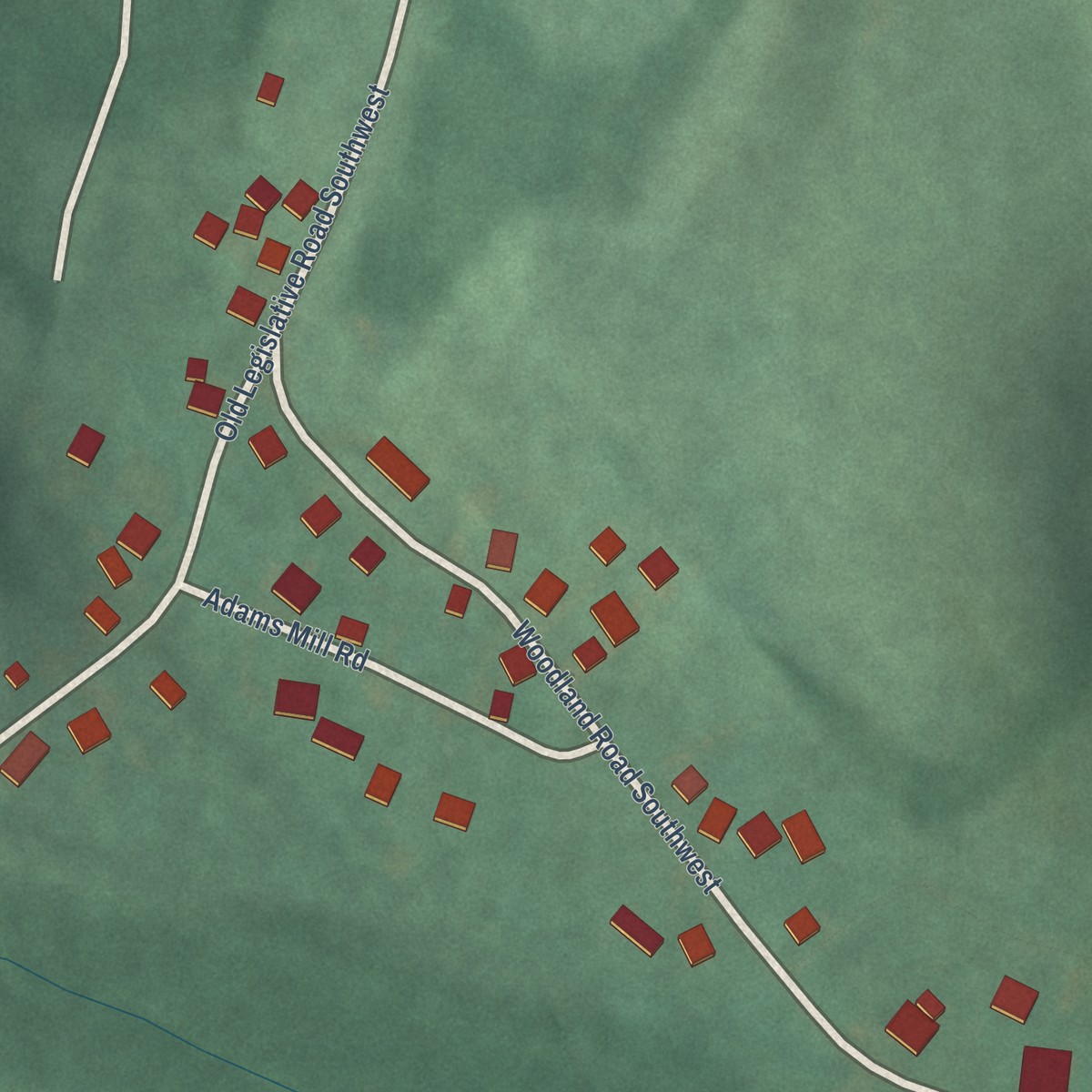 Second close-up of the map of Woodland, Maryland print showing more streets and buildings