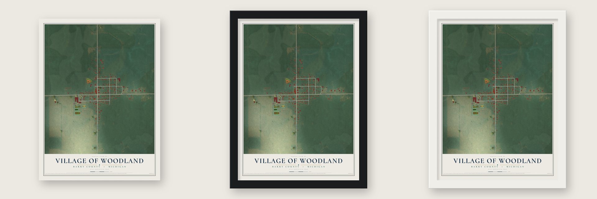 Woodland, Michigan map unframed, in a black wood frame and in a white wood frame