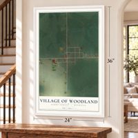 Woodland, Michigan map, 24 x 36 inch print in a white frame by a staircase