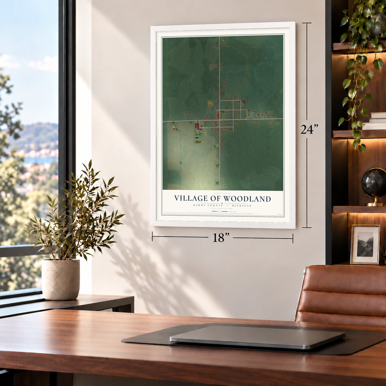 Woodland, Michigan map, 18 x 24 inch print in a white frame in a home office