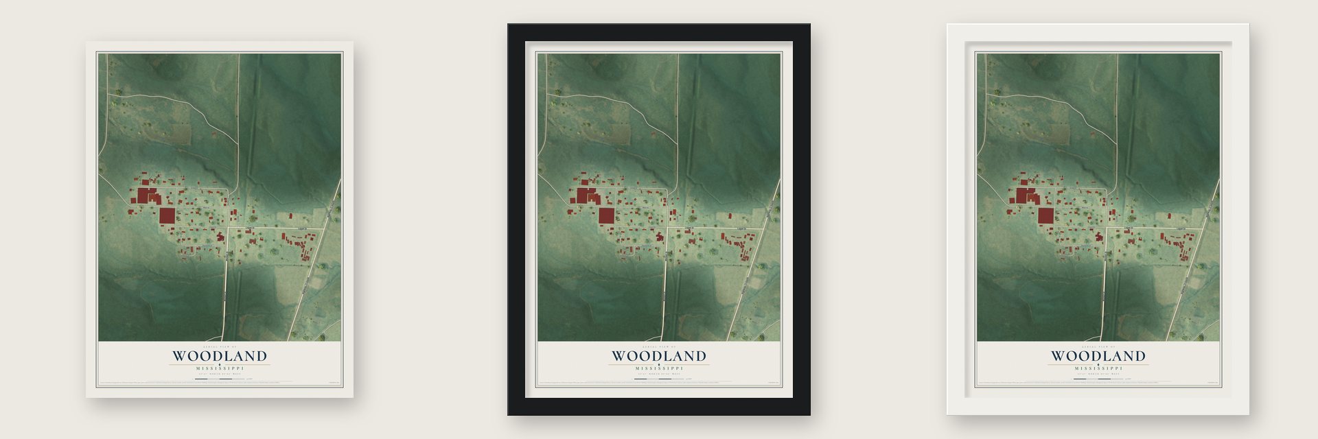 Woodland, Mississippi map unframed, in a black wood frame and in a white wood frame