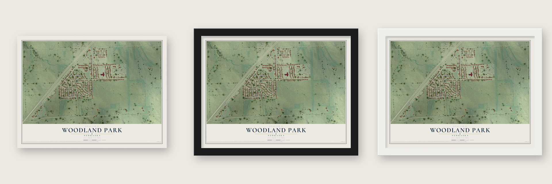 Woodland Park, Nebraska map unframed, in a black wood frame and in a white wood frame